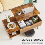 Tables basses relevables  pour salon, petites tables de salle à manger en bois relevables avec étagère de rangement et compartiment caché, marron et noir
