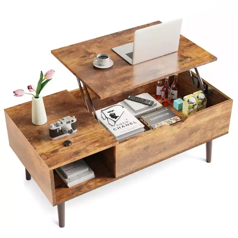Tables basses relevables Bestier pour salon, petites tables de salle à manger en bois relevables avec étagère de rangement et compartiment caché, marron et noir