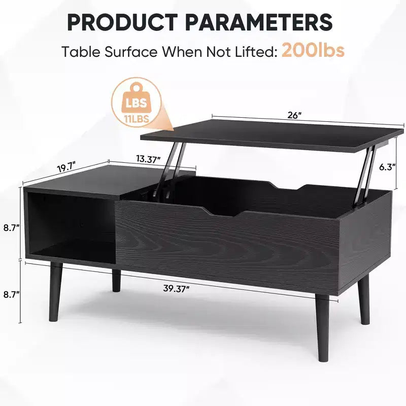 Tables basses relevables Bestier pour salon, petites tables de salle à manger en bois relevables avec étagère de rangement et compartiment caché, marron et noir