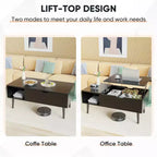 Tables basses relevables  pour salon, petites tables de salle à manger en bois relevables avec étagère de rangement et compartiment caché, marron et noir