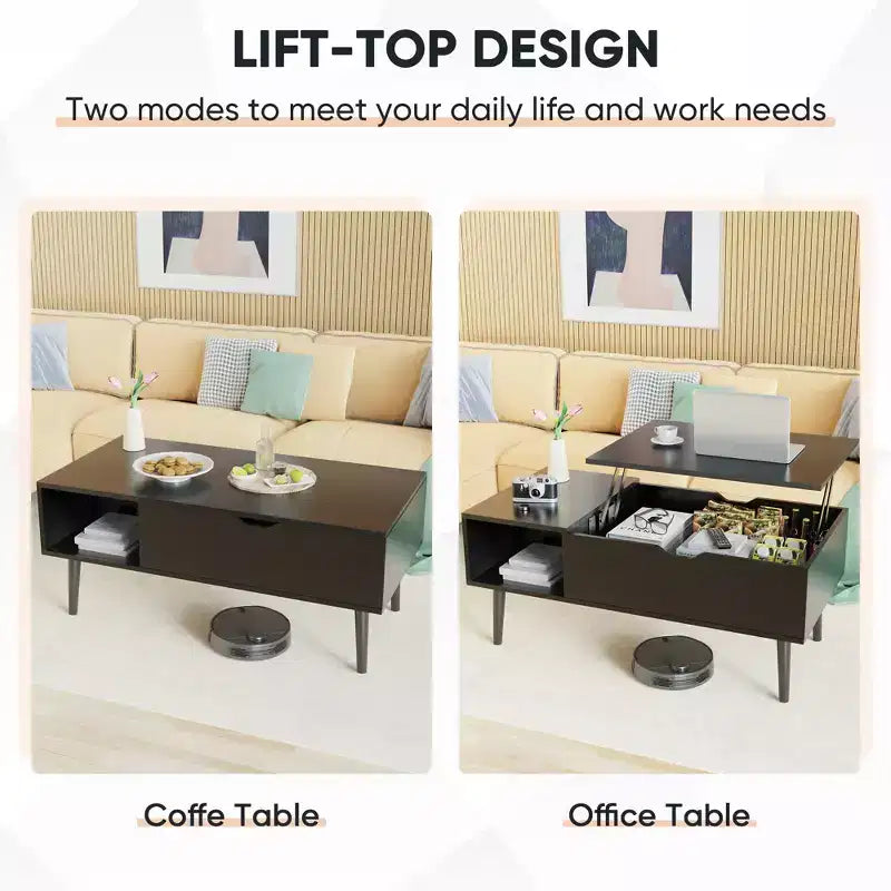 Tables basses relevables Bestier pour salon, petites tables de salle à manger en bois relevables avec étagère de rangement et compartiment caché, marron et noir