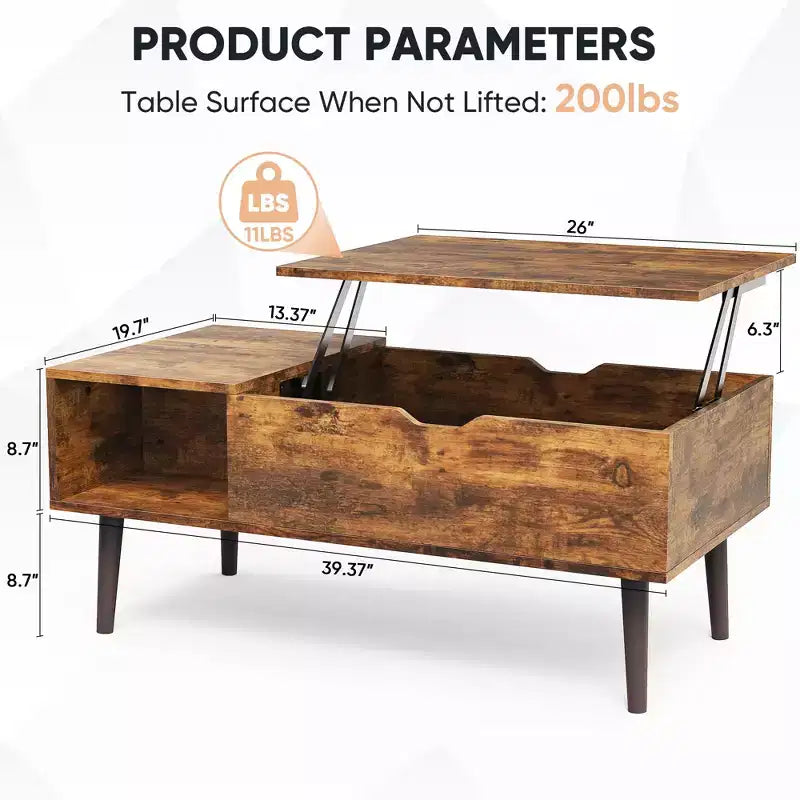 Tables basses relevables Bestier pour salon, petites tables de salle à manger en bois relevables avec étagère de rangement et compartiment caché, marron et noir
