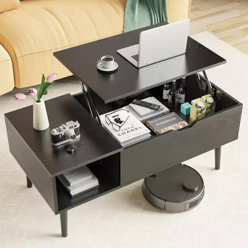 Bestier Lift Top Coffee Tables for Living Room, Small Rising Wooden Dining Center Tables with Storage Shelf and Hidden Compartment, Brown & Black