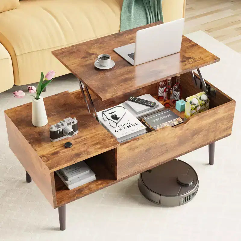Tables basses relevables Bestier pour salon, petites tables de salle à manger en bois relevables avec étagère de rangement et compartiment caché, marron et noir
