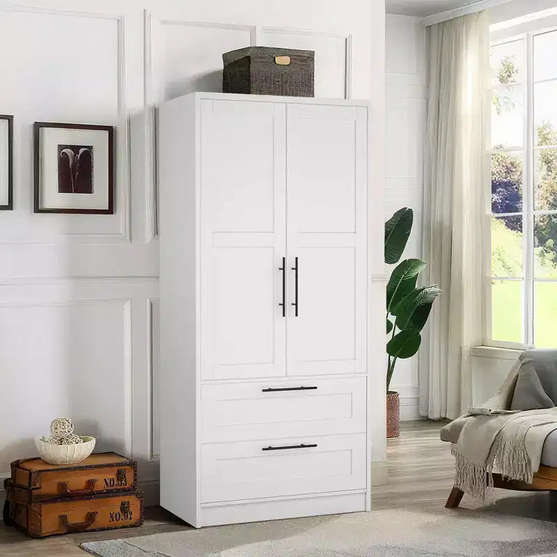Wooden Armoire Wardrobe Closet with 2 Drawers, 70 Tall Clothing Storage Cabinet with 2 Doors, Modern Bedroom Clothing Armoires with Hanging Rods