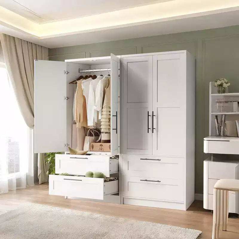 Armoire penderie en bois avec 2 tiroirs, placard de rangement de vêtements de 178 cm de haut avec 2 portes, armoires de chambre modernes avec tringles de suspension