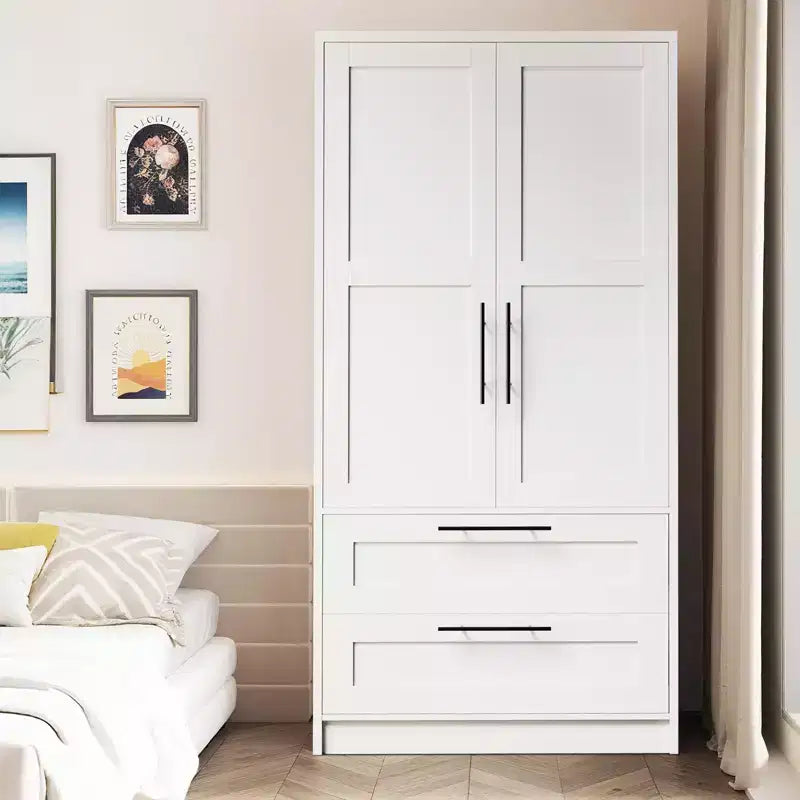 Armoire penderie en bois avec 2 tiroirs, placard de rangement de vêtements de 178 cm de haut avec 2 portes, armoires de chambre modernes avec tringles de suspension