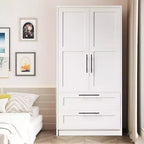 Armoire penderie en bois avec 2 tiroirs, placard de rangement de vêtements de 178 cm de haut avec 2 portes, armoires de chambre modernes avec tringles de suspension