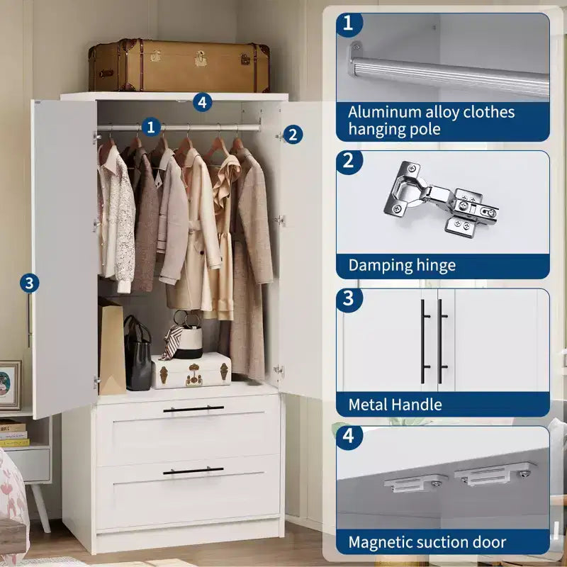 Armoire penderie en bois avec 2 tiroirs, placard de rangement de vêtements de 178 cm de haut avec 2 portes, armoires de chambre modernes avec tringles de suspension