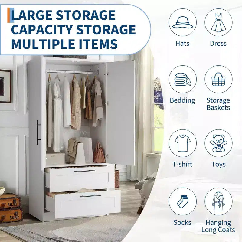 Armoire penderie en bois avec 2 tiroirs, placard de rangement de vêtements de 178 cm de haut avec 2 portes, armoires de chambre modernes avec tringles de suspension