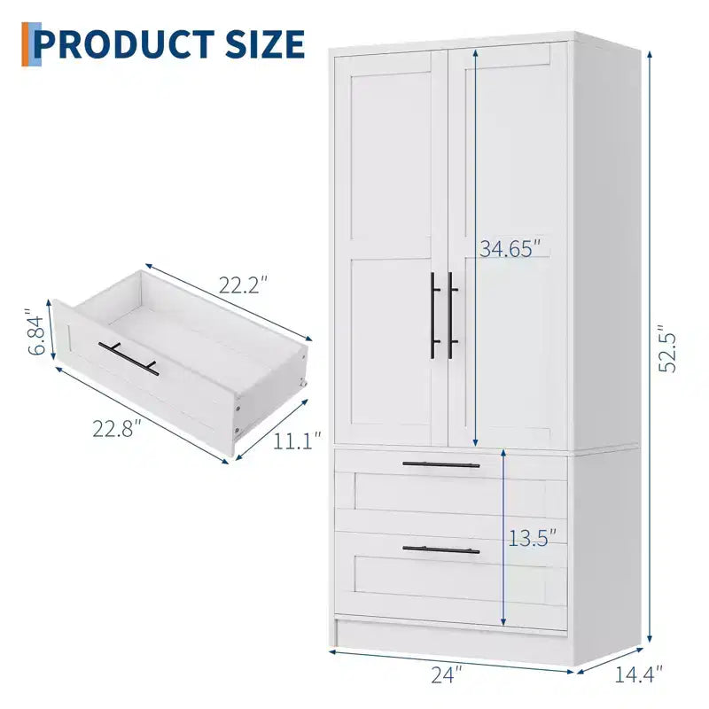 Armoire penderie en bois avec 2 tiroirs, placard de rangement de vêtements de 178 cm de haut avec 2 portes, armoires de chambre modernes avec tringles de suspension