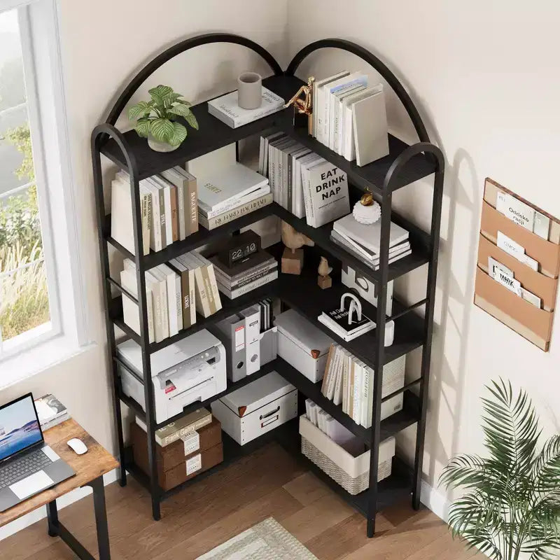 Étagère d'angle en forme de L, bibliothèque à 5 niveaux, étagère de présentation moderne avec cadre en métal, étagères de rangement autoportantes pour bureau à domicile