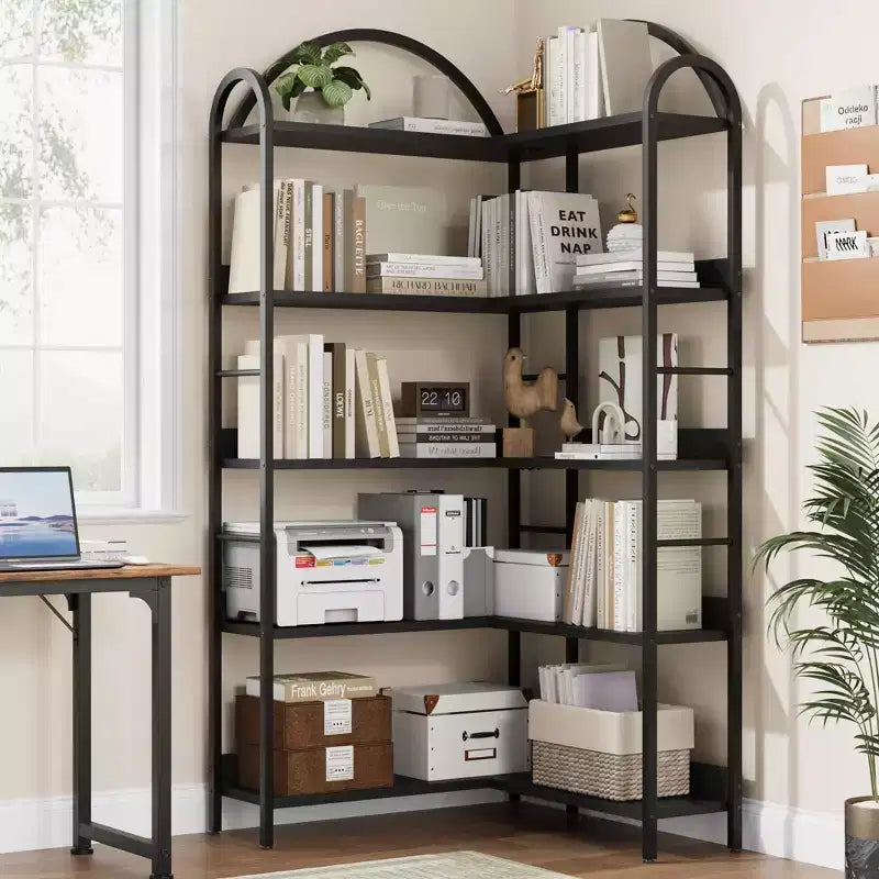 Étagère d'angle en forme de L, bibliothèque à 5 niveaux, étagère de présentation moderne avec cadre en métal, étagères de rangement autoportantes pour bureau à domicile