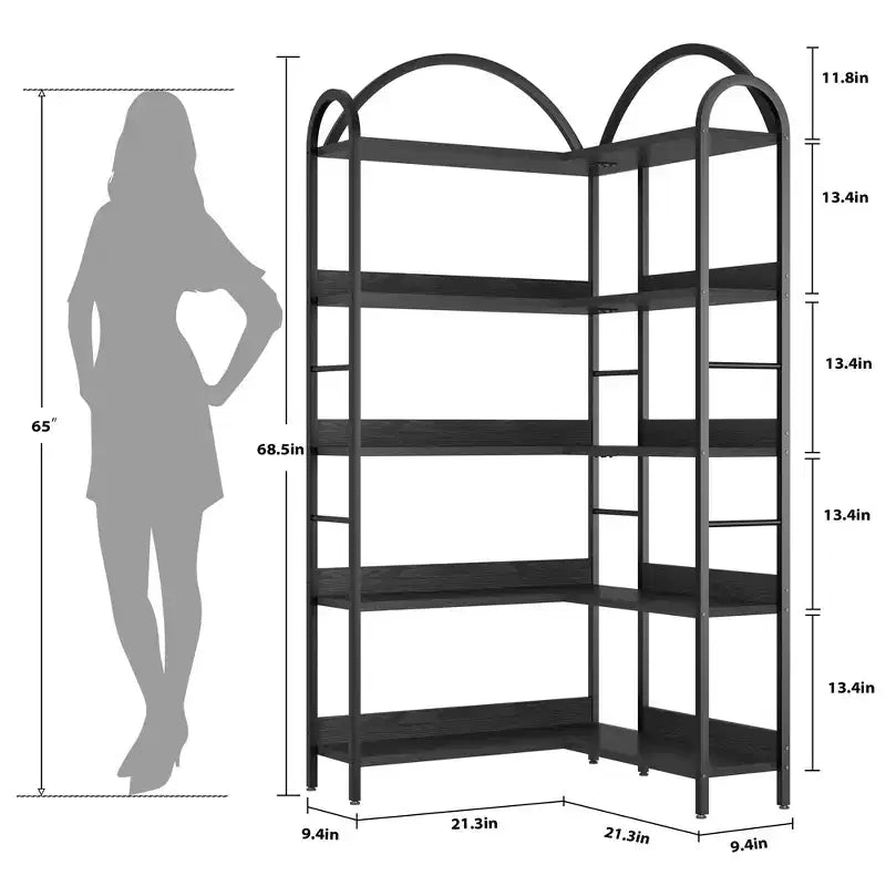 Étagère d'angle en forme de L, bibliothèque à 5 niveaux, étagère de présentation moderne avec cadre en métal, étagères de rangement autoportantes pour bureau à domicile