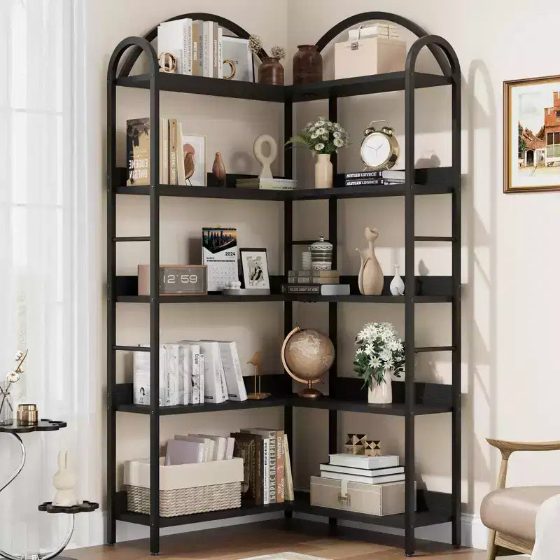 L-Shape Corner Bookshelf, 5-Tier Bookcase, Modern Display Shelf Book Shelves with Metal Frame, Freestanding Storage Shelves for Home Office Use