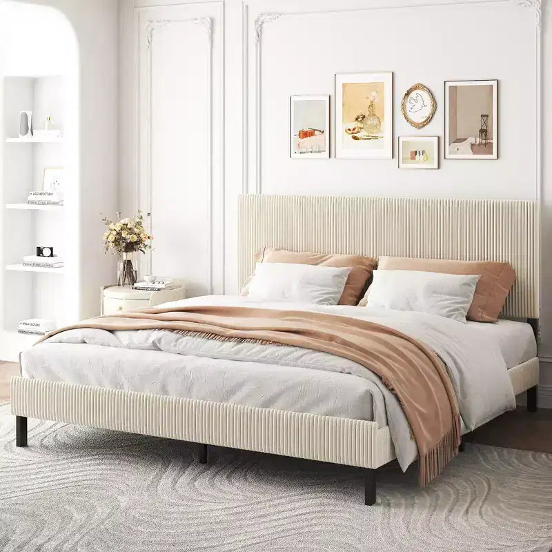 King Size Bed Frame with Upholstered Headboard,Stable Structure,Easy Assembly,Simple Elegant Style,Beige