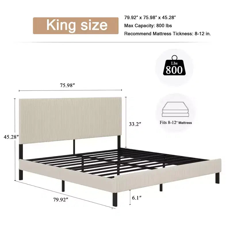 Cadre de lit King Size avec tête de lit capitonnée, structure stable, montage facile, style simple et élégant, beige