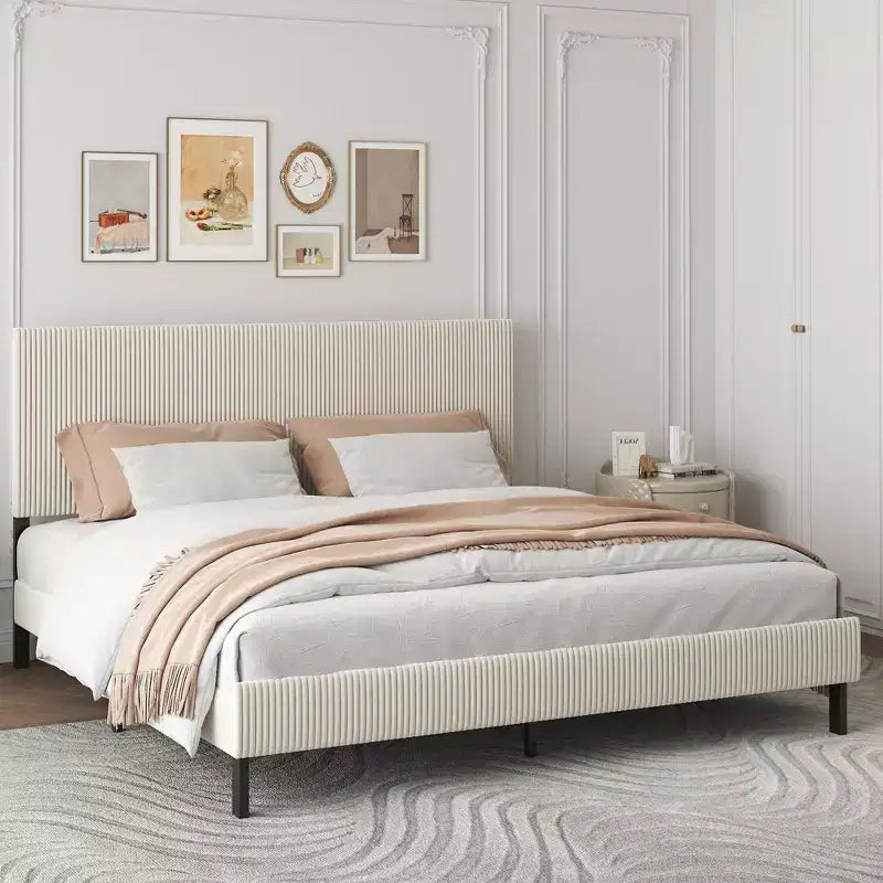 Cadre de lit King Size avec tête de lit capitonnée, structure stable, montage facile, style simple et élégant, beige