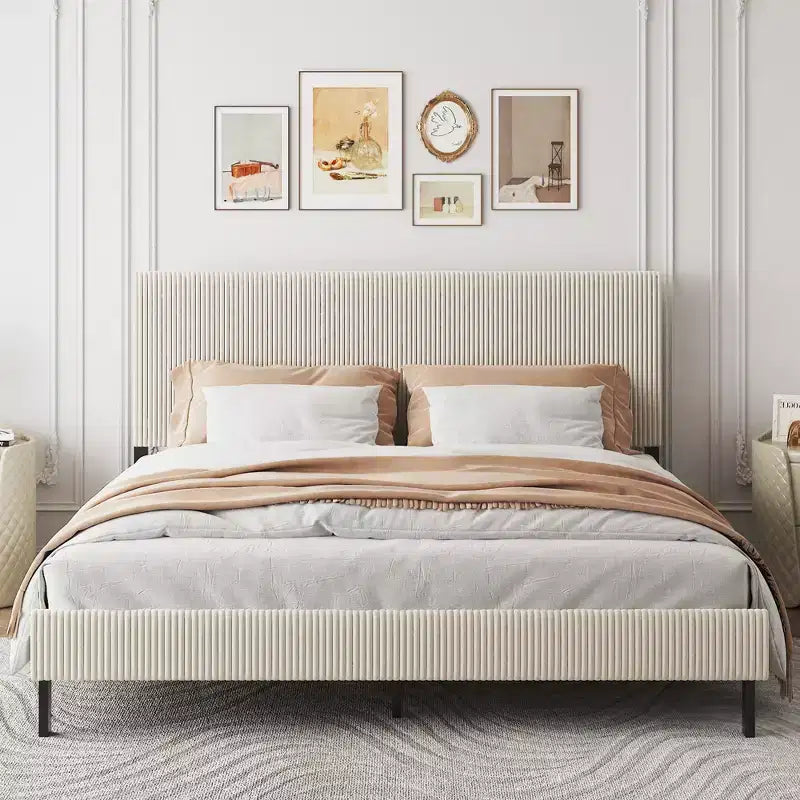 Cadre de lit King Size avec tête de lit capitonnée, structure stable, montage facile, style simple et élégant, beige