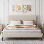 Cadre de lit King Size avec tête de lit capitonnée, structure stable, montage facile, style simple et élégant, beige