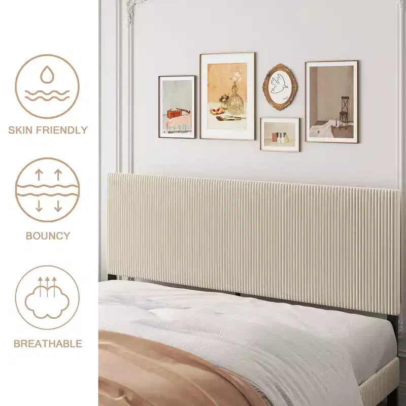 Cadre de lit King Size avec tête de lit capitonnée, structure stable, montage facile, style simple et élégant, beige
