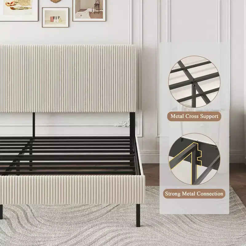 Cadre de lit King Size avec tête de lit capitonnée, structure stable, montage facile, style simple et élégant, beige