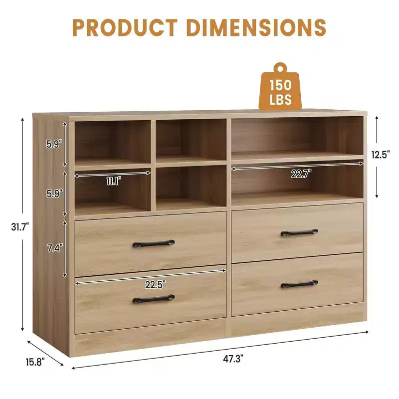 Commode moderne de 120 cm, organisateur avec 4 tiroirs et 6 compartiments de rangement ajustables pour salon, chambre, couloir