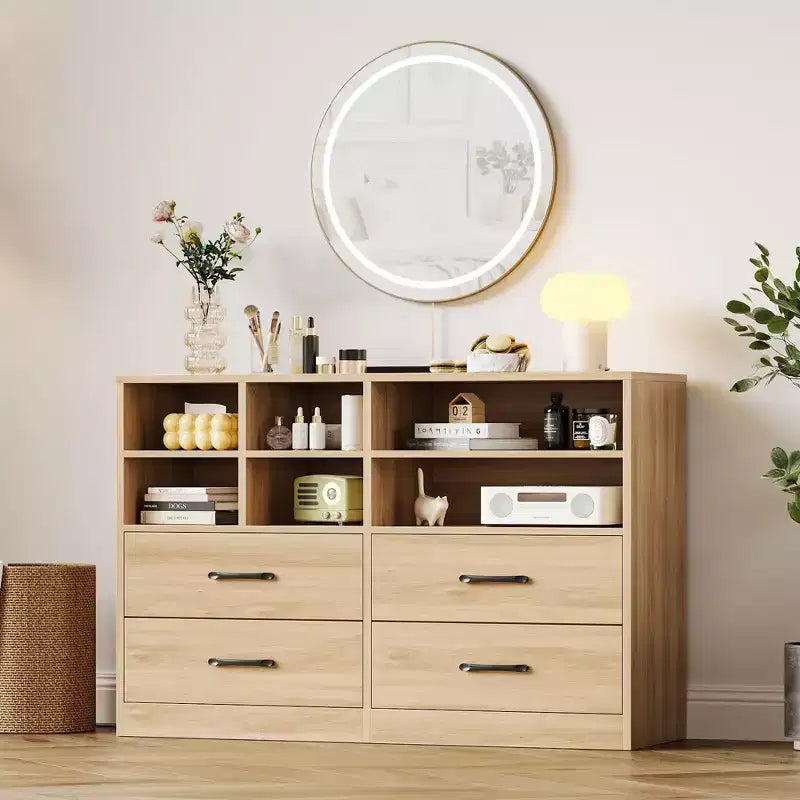 Commode moderne de 120 cm, organisateur avec 4 tiroirs et 6 compartiments de rangement ajustables pour salon, chambre, couloir