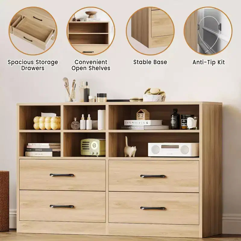 Commode moderne de 120 cm, organisateur avec 4 tiroirs et 6 compartiments de rangement ajustables pour salon, chambre, couloir