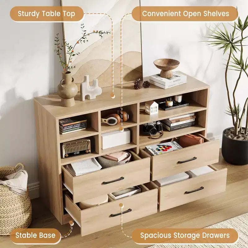 Commode moderne de 120 cm, organisateur avec 4 tiroirs et 6 compartiments de rangement ajustables pour salon, chambre, couloir