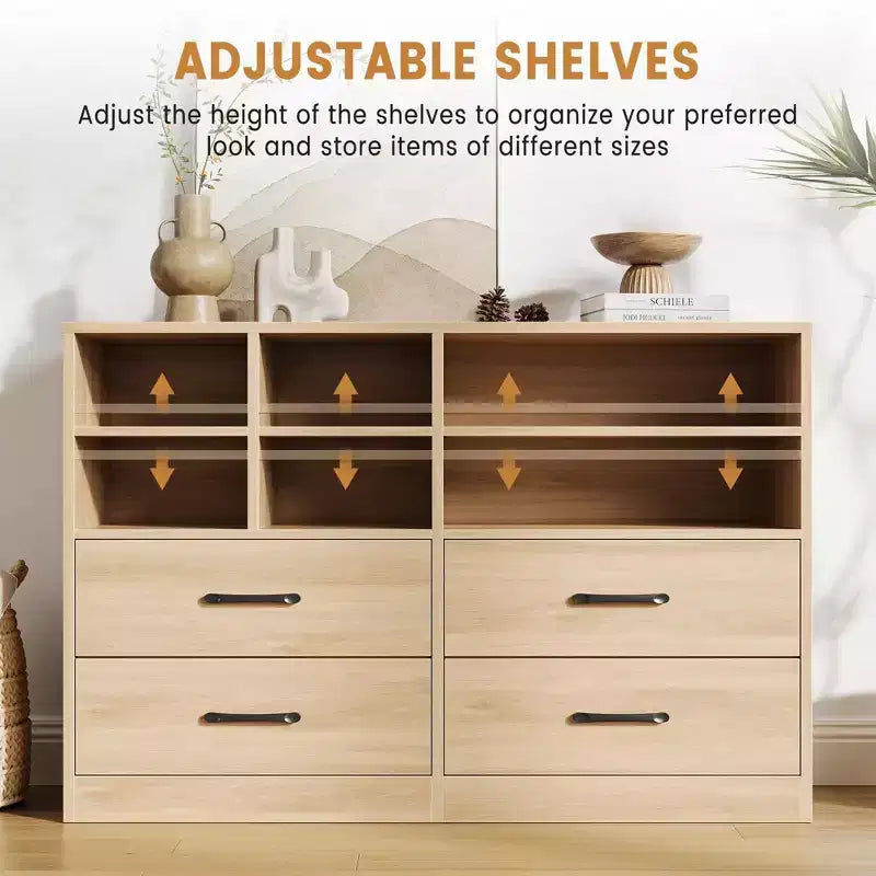 Commode moderne de 120 cm, organisateur avec 4 tiroirs et 6 compartiments de rangement ajustables pour salon, chambre, couloir