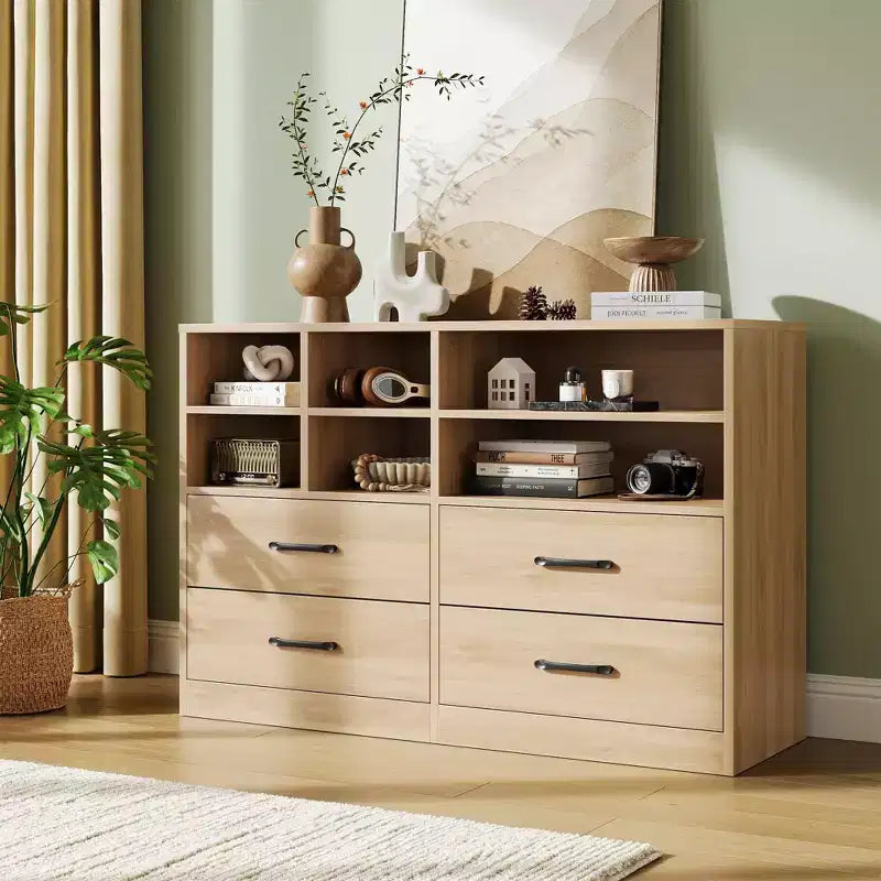 Commode moderne de 120 cm, organisateur avec 4 tiroirs et 6 compartiments de rangement ajustables pour salon, chambre, couloir