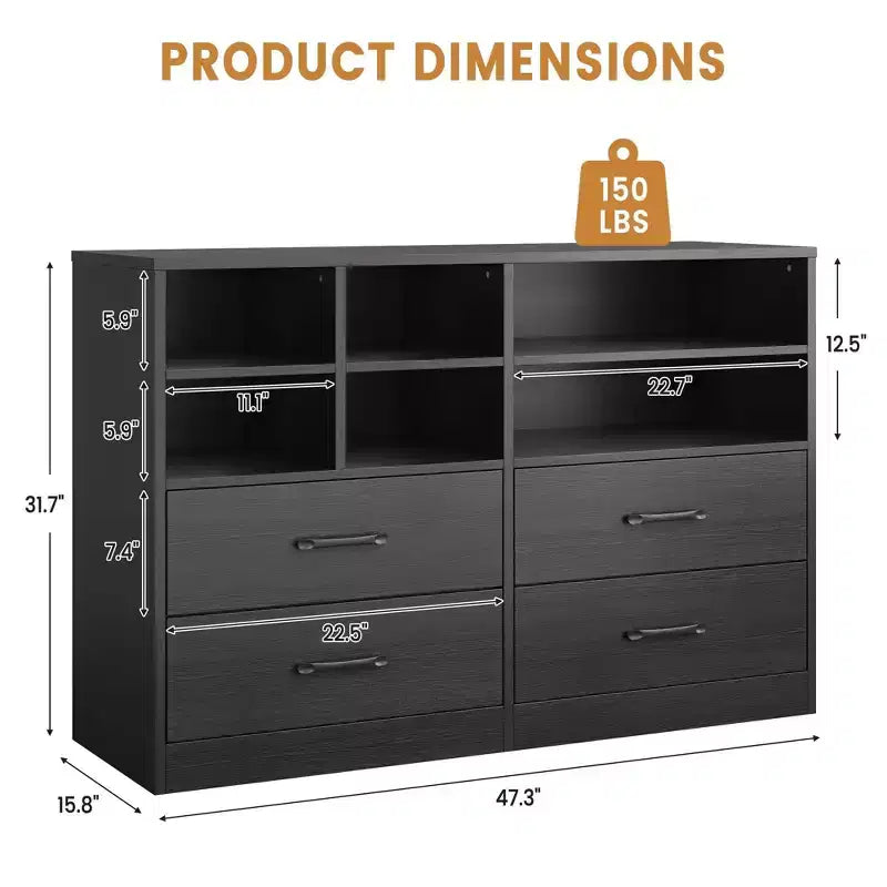 Commode moderne de 120 cm, organisateur avec 4 tiroirs et 6 compartiments de rangement ajustables pour salon, chambre, couloir