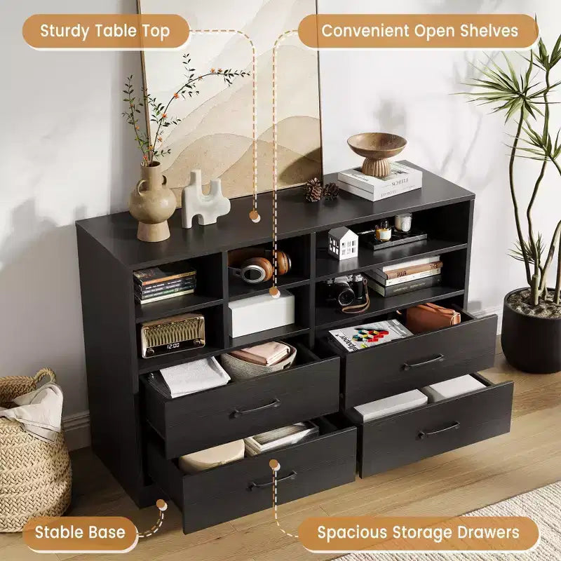 Commode moderne de 120 cm, organisateur avec 4 tiroirs et 6 compartiments de rangement ajustables pour salon, chambre, couloir