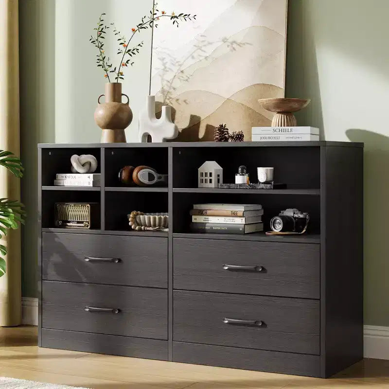 Commode moderne de 120 cm, organisateur avec 4 tiroirs et 6 compartiments de rangement ajustables pour salon, chambre, couloir