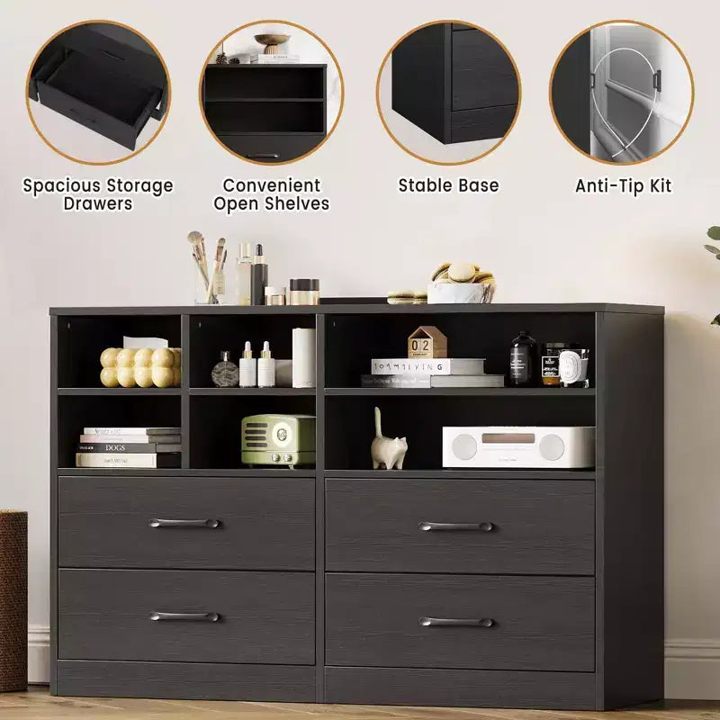 Commode moderne de 120 cm, organisateur avec 4 tiroirs et 6 compartiments de rangement ajustables pour salon, chambre, couloir