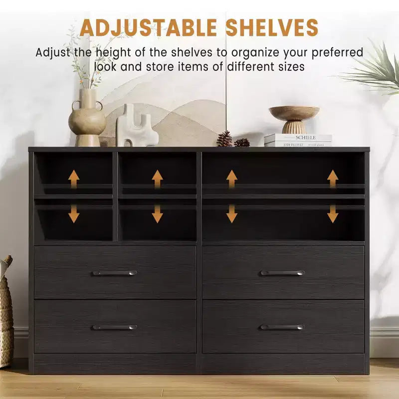 Commode moderne de 120 cm, organisateur avec 4 tiroirs et 6 compartiments de rangement ajustables pour salon, chambre, couloir