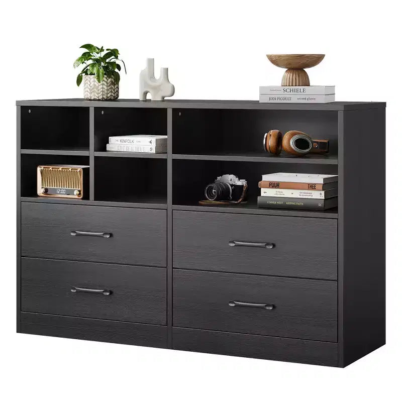 Commode moderne de 120 cm, organisateur avec 4 tiroirs et 6 compartiments de rangement ajustables pour salon, chambre, couloir