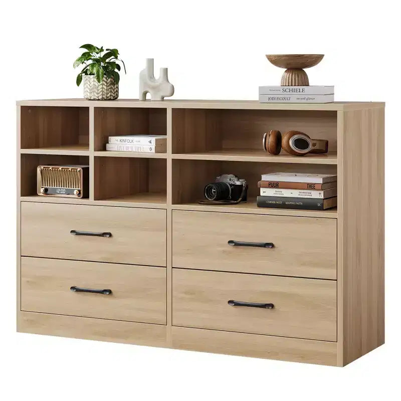 Commode moderne de 120 cm, organisateur avec 4 tiroirs et 6 compartiments de rangement ajustables pour salon, chambre, couloir