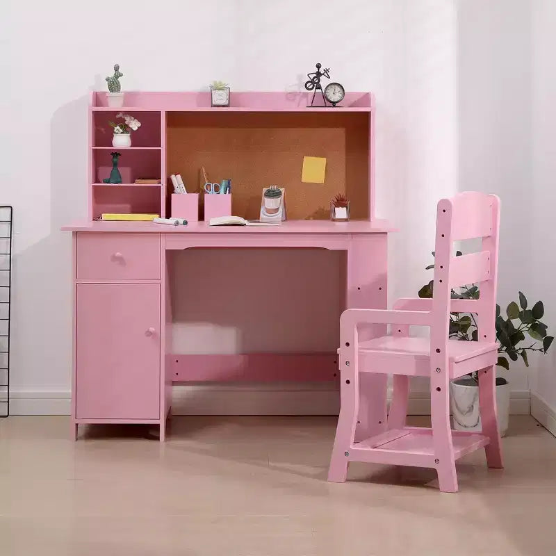 TROPOW Kids Desk, Study Desk and Chair Set for Boys and Girl, Wooden Kids Writing Table with Bookshelf, Cabinet and Drawer for Ages 3-8, Pink