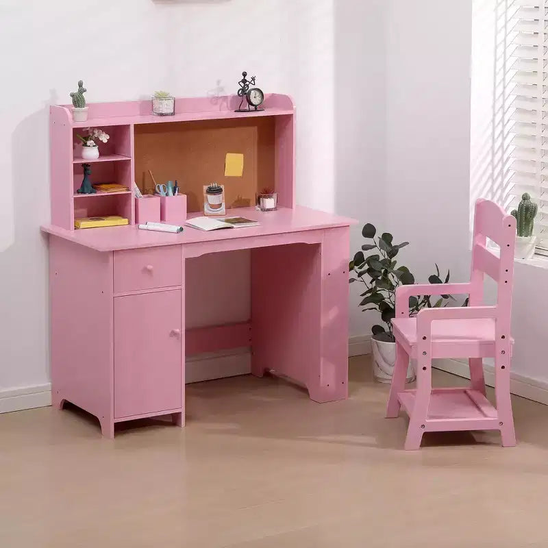 Bureau pour enfants, ensemble bureau et chaise pour garçons et filles, table d'écriture en bois pour enfants avec étagère, placard et tiroir pour les 3-8 ans, rose