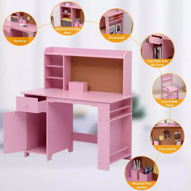 Bureau pour enfants, ensemble bureau et chaise pour garçons et filles, table d'écriture en bois pour enfants avec étagère, placard et tiroir pour les 3-8 ans, rose