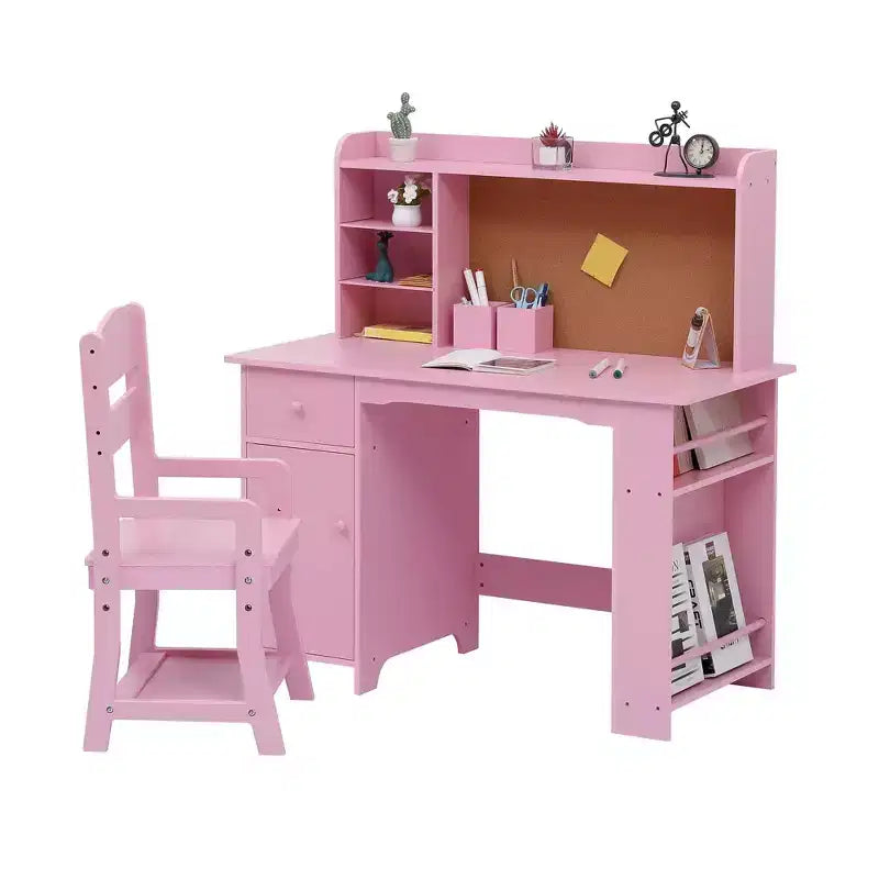 Bureau pour enfants, ensemble bureau et chaise pour garçons et filles, table d'écriture en bois pour enfants avec étagère, placard et tiroir pour les 3-8 ans, rose