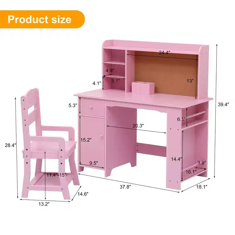 Bureau pour enfants, ensemble bureau et chaise pour garçons et filles, table d'écriture en bois pour enfants avec étagère, placard et tiroir pour les 3-8 ans, rose