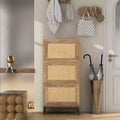 Acekool Natural Rattan Shoe Cabinet, 3-Tier 6-Compartment Entryway Shoe Organizer, Wood Handle and Matte Metal Base, 26.6x9.4x48.2