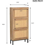 Meuble à chaussures en rotin naturel, organisateur de chaussures d'entrée à 3 niveaux et 6 compartiments, poignée en bois et base en métal mat, 26,6x9,4x48,2