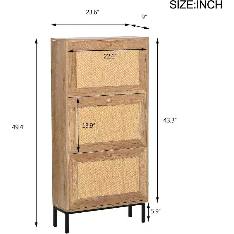 Meuble à chaussures en rotin naturel, organisateur de chaussures d'entrée à 3 niveaux et 6 compartiments, poignée en bois et base en métal mat, 26,6x9,4x48,2