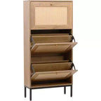 Meuble à chaussures en rotin naturel, organisateur de chaussures d'entrée à 3 niveaux et 6 compartiments, poignée en bois et base en métal mat, 26,6x9,4x48,2