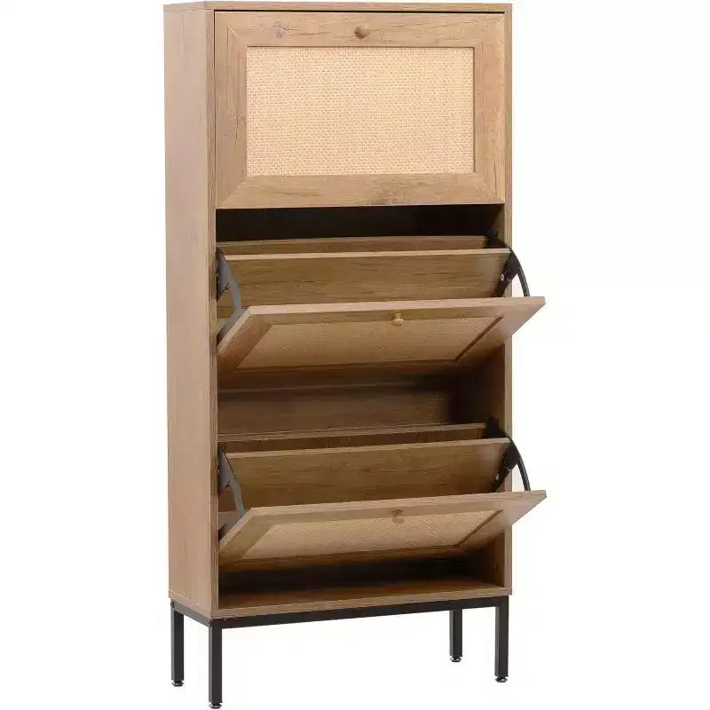 Meuble à chaussures en rotin naturel, organisateur de chaussures d'entrée à 3 niveaux et 6 compartiments, poignée en bois et base en métal mat, 26,6x9,4x48,2