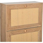 Meuble à chaussures en rotin naturel, organisateur de chaussures d'entrée à 3 niveaux et 6 compartiments, poignée en bois et base en métal mat, 26,6x9,4x48,2